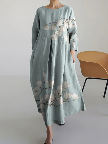 Women Japanese Art Floral Pattern Linen Blend Maxi Dress