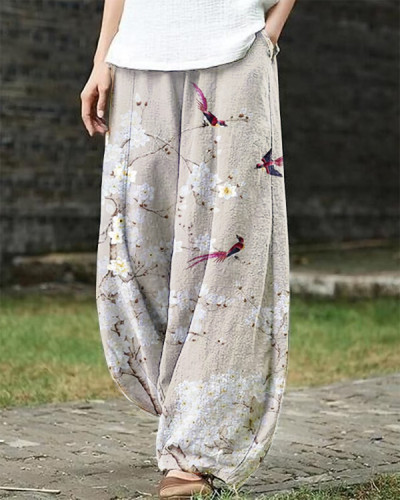Vintage Floral and Bird Art Print Loose Casual Pants