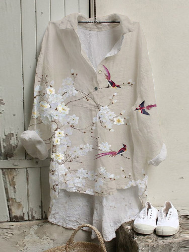 Retro Floral Bird Art Print Loose Shirt