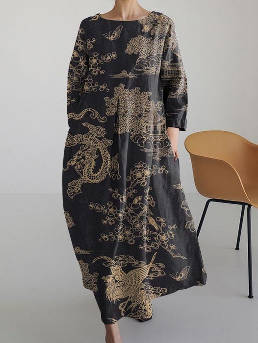 Retro Dragon Art Print Crew Neck Long Sleeve Dress