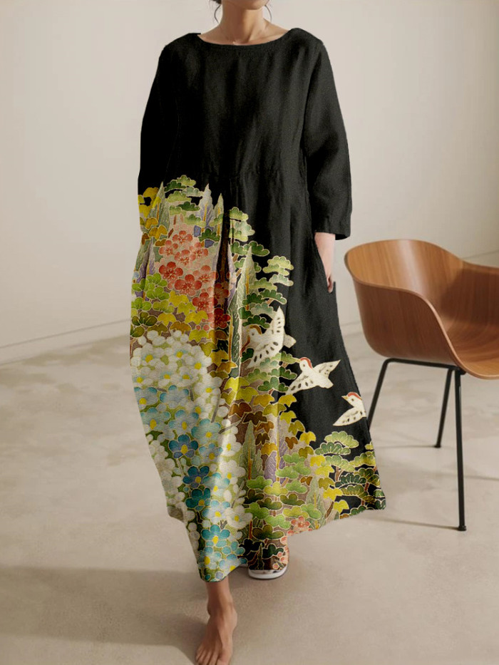 Japanese Art Painting Pattern Linen Blend Midi Dress