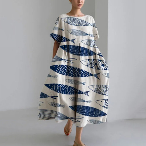Japanese Art Fish Print Loose Short Sleeved Midi Dress