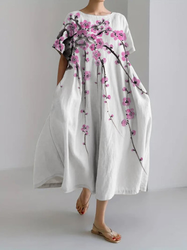 Cherry Blossom Print Round Neck Short Sleeve Casual Midi Dress