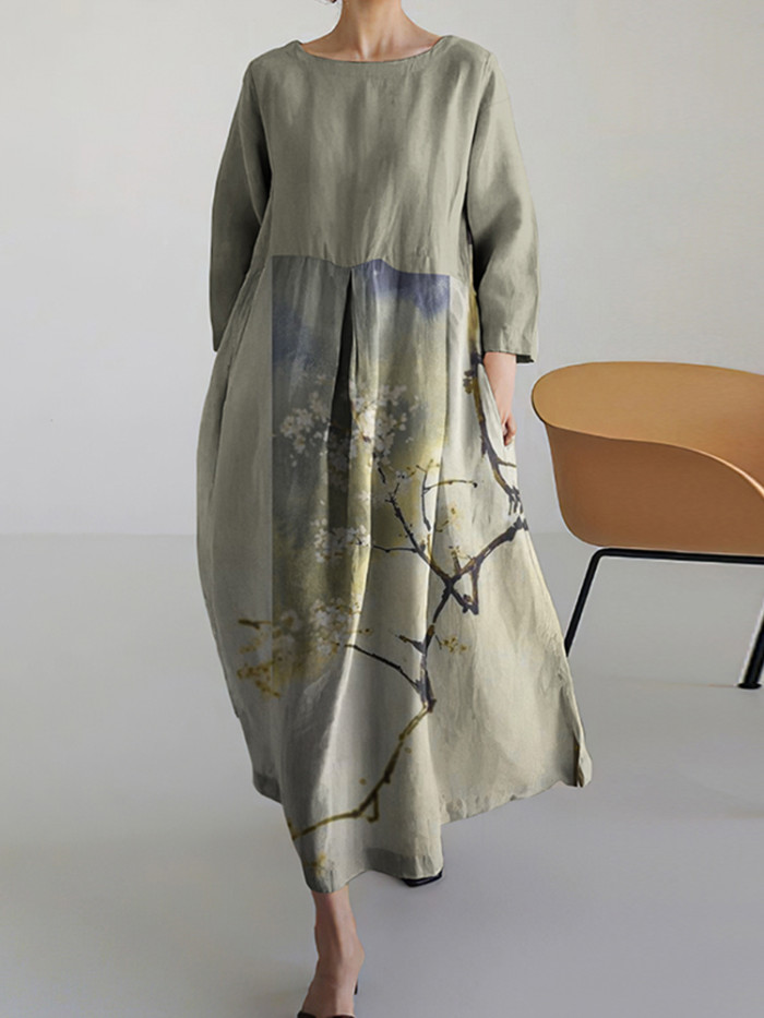 Women Japanese Art Pattern Linen Blend Maxi Dress