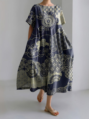 Vintage Japanese Art Print Short Sleeve Loose Midi Dress