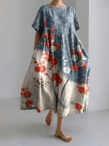 Japanese Art Flower Print Short Sleeve Loose Midi Dress