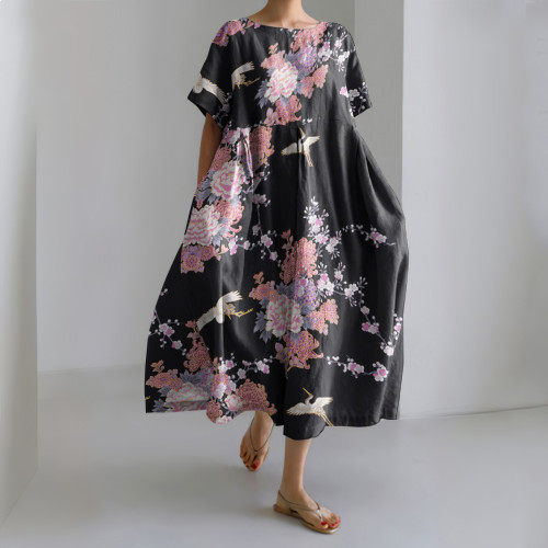 Japanese Art Flower Print Short Sleeve Midi Dress