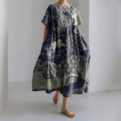 Vintage Japanese Art Print Short Sleeve Loose Midi Dress