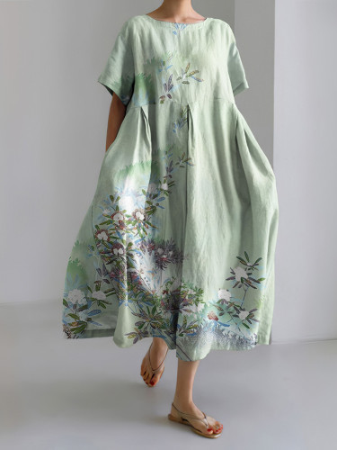 Flower Print Short Sleeve Midi Dress