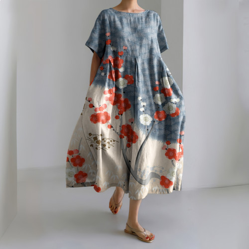 Japanese Art Flower Print Short Sleeve Loose Midi Dress