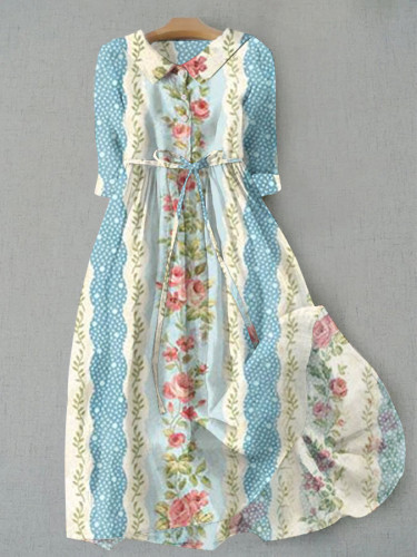 Bohemian Resort Style Floral Color Block Print Tie Dress