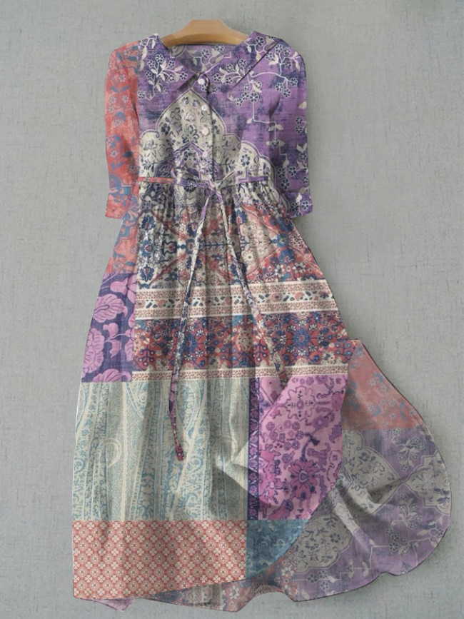 Bohemian Resort Floral Art Print Tie Loose Dress