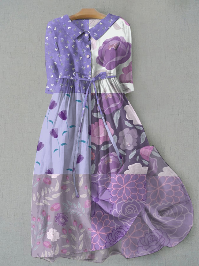 Bohemian Resort Purple Floral Art Print Tie Dress