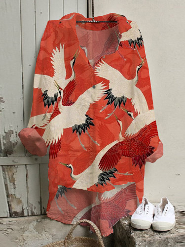 Japanese Crane Art Print Loose Shirt