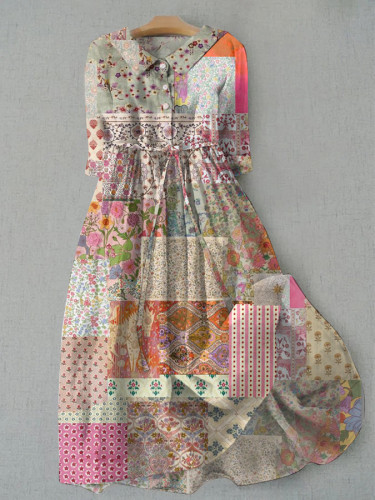 Bohemian Retro Resort Style Floral Art Print Tie Dress