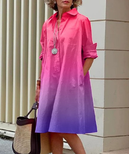 Autumn Spring and Summer New Gradient Printing Shirt Collar Long Sleeve Pocket Mid-Length Dress