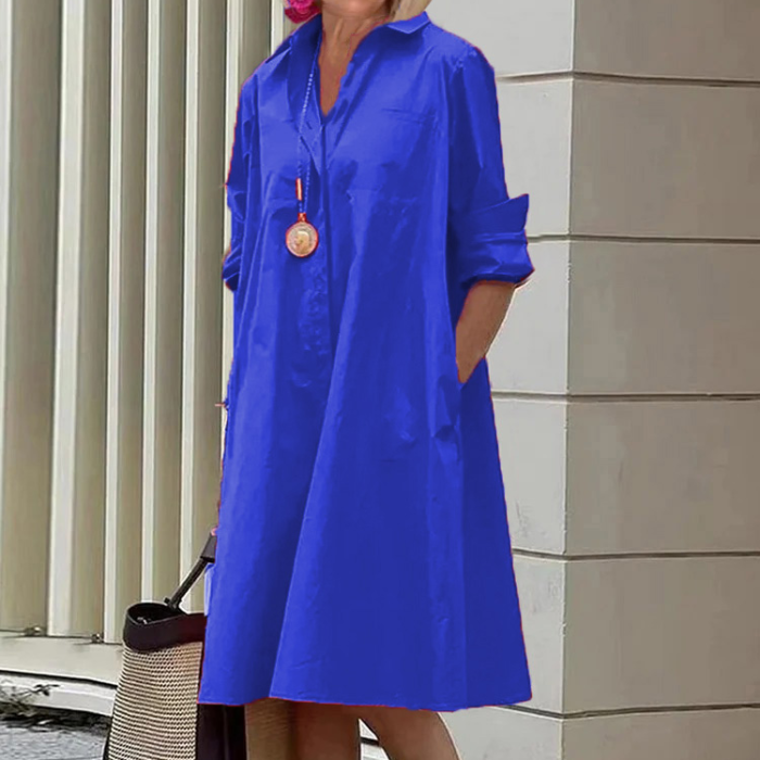 Spring-Summer New Type Fashion Temperament Shirt Collar Long Sleeve Pocket Mid-Length Dress
