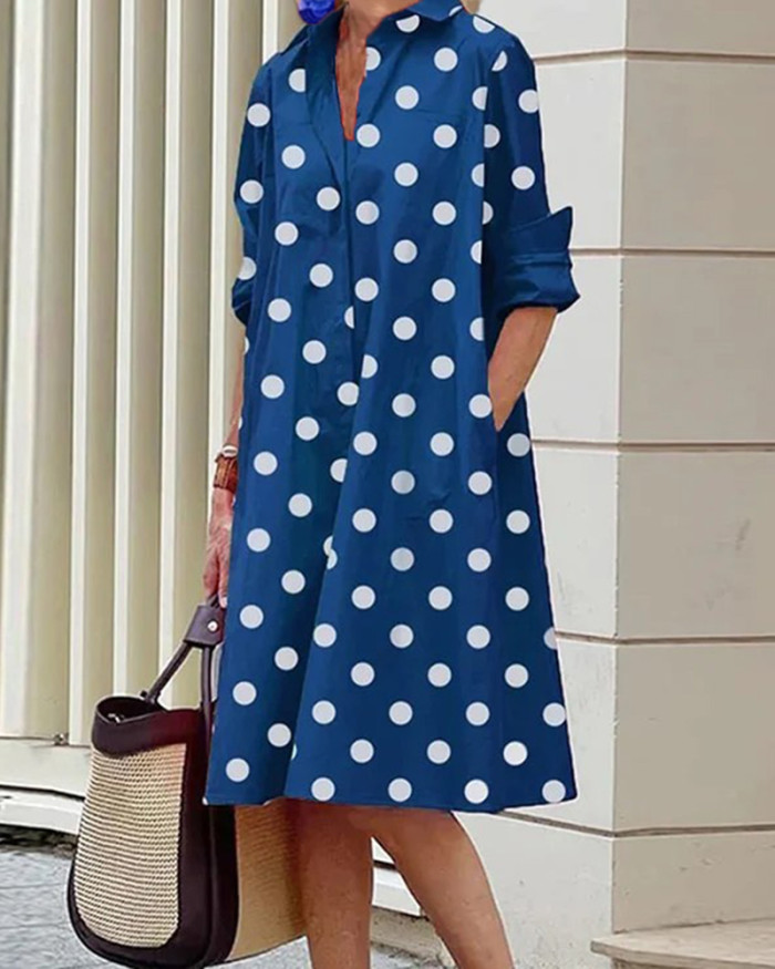 Dot Printed Mid-Length Long Sleeve Shirt Dress for Women