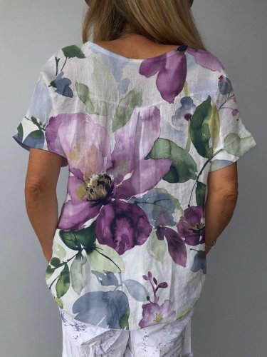 Women's Retro Floral Casual V-Neck Cotton And Linen Top