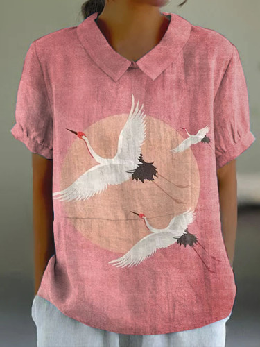 Japanese Pink Crane Art Short-sleeved Top