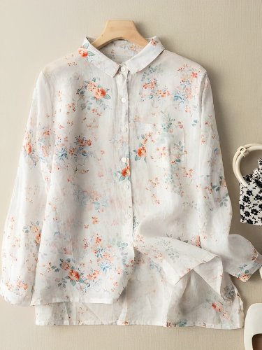 Ramie Floral Print Long Sleeve Button Down Casual Shirt