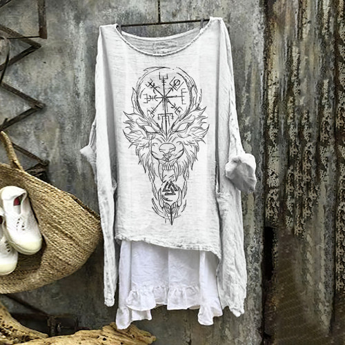 Vintage Tribal Beast Of Prey Pattern Linen Blend Tunic