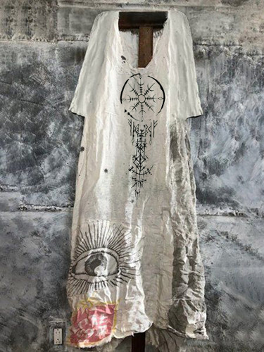 Linen Viking Eye Print Round Neck Midi Dress