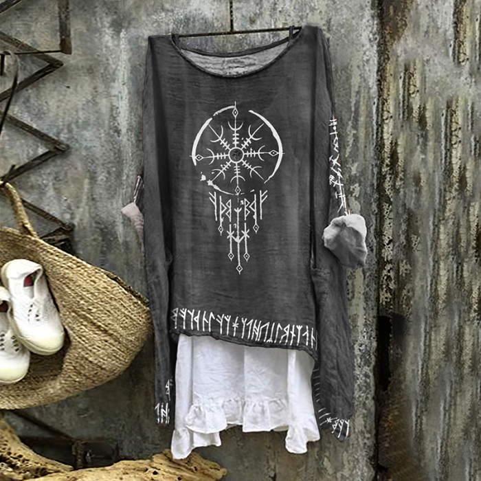 Tribal Viking Totem Tie-Dye Printed Linen Blouse