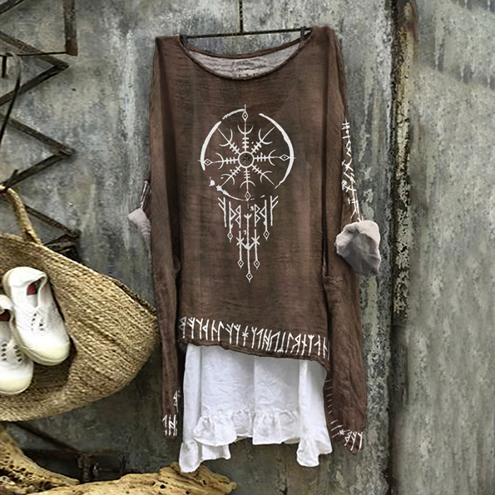 Tribal Viking Totem Tie-Dye Printed Linen Blouse