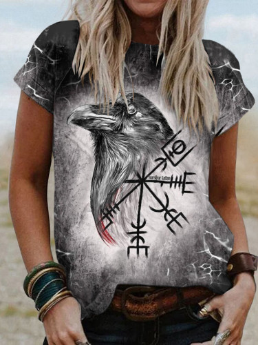 Tribal Crow Viking Totem Print T-Shirt