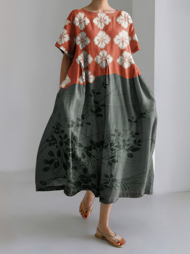 Japanese Art Flower Print Round Neck Short Sleeve Casual Midi Dress