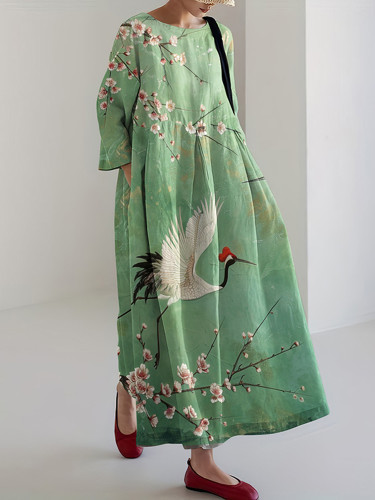 Flowers and Birds Printed Loose Midi Dress