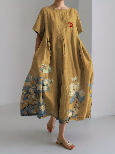 Simple Floral Japanese Art Linen Blend Maxi Dress