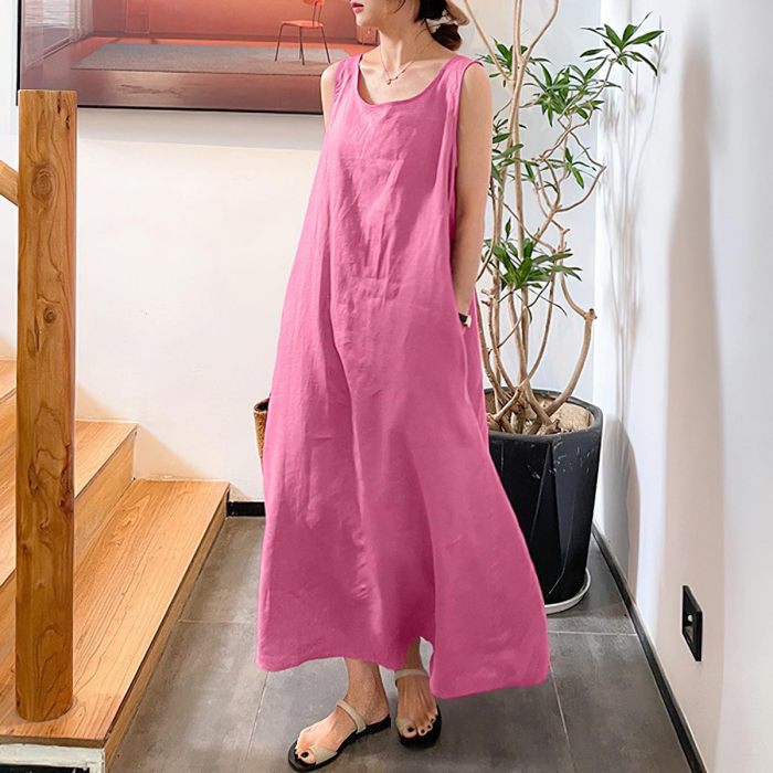 Women's casual cotton and linen sleeveless slit gradient tie-dye long dress