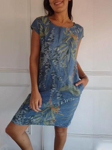 Women's Cotton and Linen Round Neck Printed Dress
