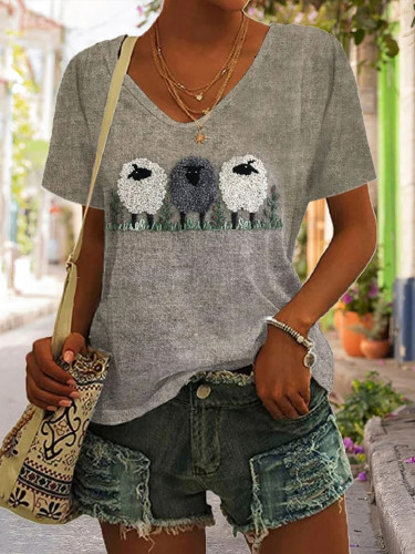 Women's Animal Sheep Comfort Print Comfort Short Sleeve T-Shirt