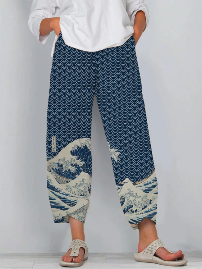 Japanese Wave Print Loose Casual Pants