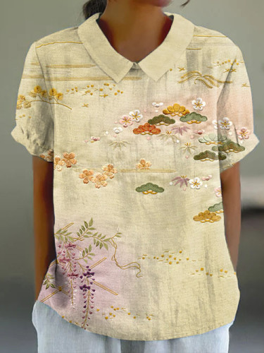 Japanese Spring Landscape Embroidery Printed Short-sleeved Top