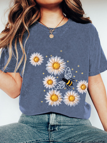 Bee & Flower Embroidery Washed Cotton Short Sleeve T-Shirt