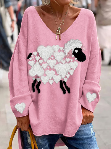 Love Graphic Sheep Valentine's Day Wool Felt Art Casual V-Neck Loose T-Shirt