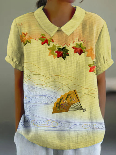 Japanese Red Leaf Hunting Embroidery Printed Short-sleeved Top
