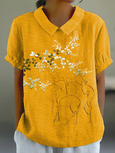 Japanese Floral Deer Embroidered Printed Short-sleeved Top