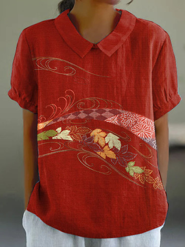 Japanese Chrysanthemum Embroidered Printed Short-sleeved Top