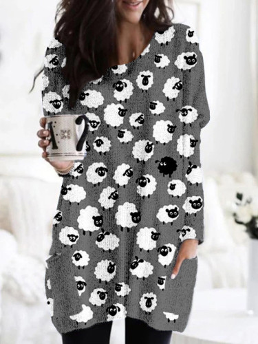 Cute Sheep Graphic Patch Pocket Cozy Knit Tunic