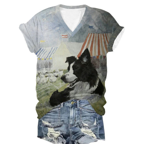 Womens Sheepdog and Sheep Print V-Neck T-Shirt