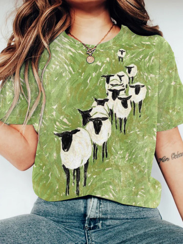 Farm Sheep Print Round Neck Casual T-Shirt