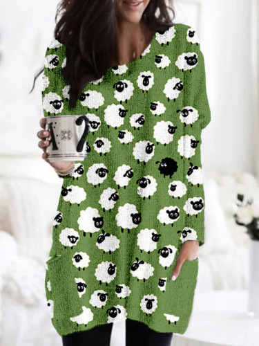 Cute Sheep Graphic Patch Pocket Cozy Knit Tunic