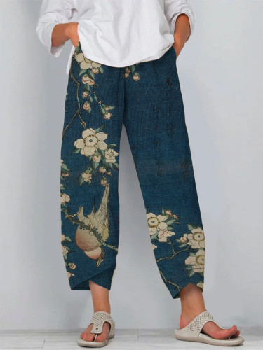 Japanese Floral and Bird Print Loose Casual Pants