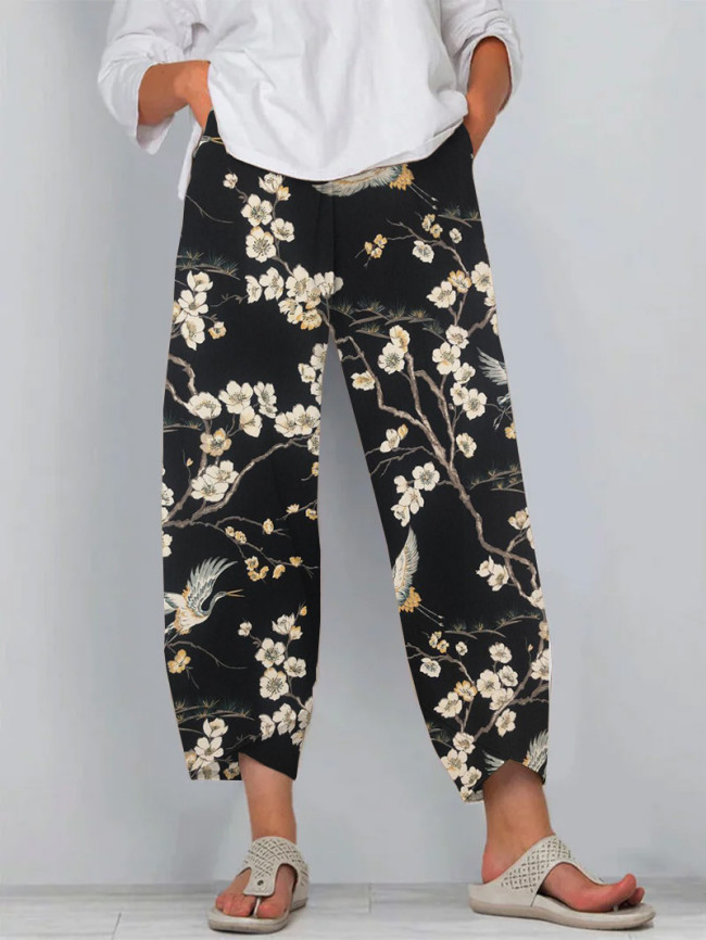 Japanese Flower Crane Print Loose Casual Pants