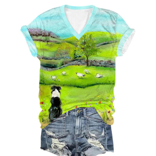 Womens Sheepdog And Sheep Print Short Sleeve T-Shirt